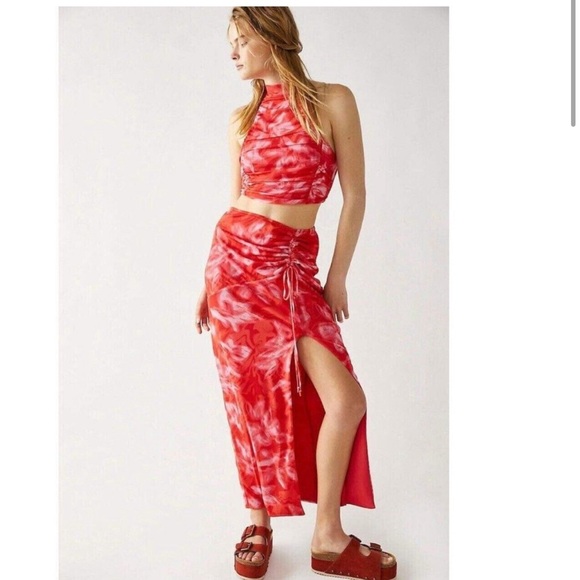 Red and White Tie-Dye Maxi Wrap Skirt